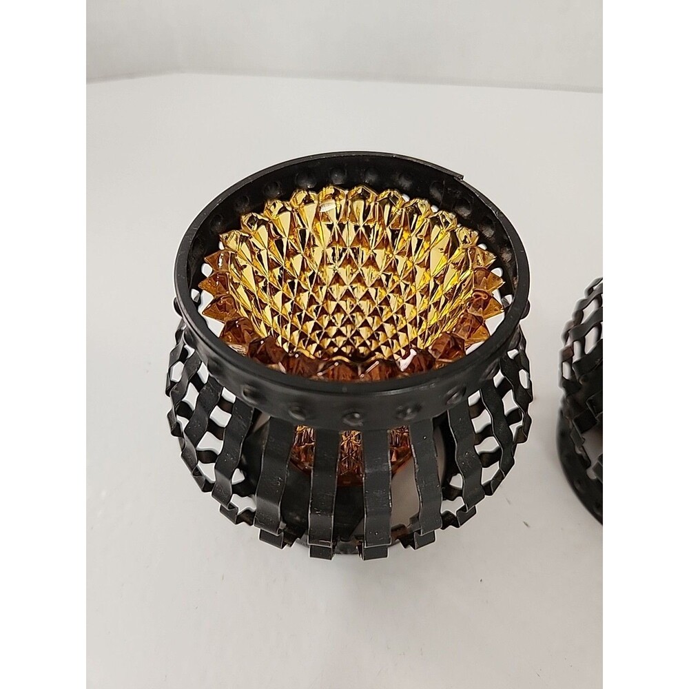 Vintage Candle Holder Black Metal Cage Set 2 Amber Glass Votive MCM - Picture 2 of 7